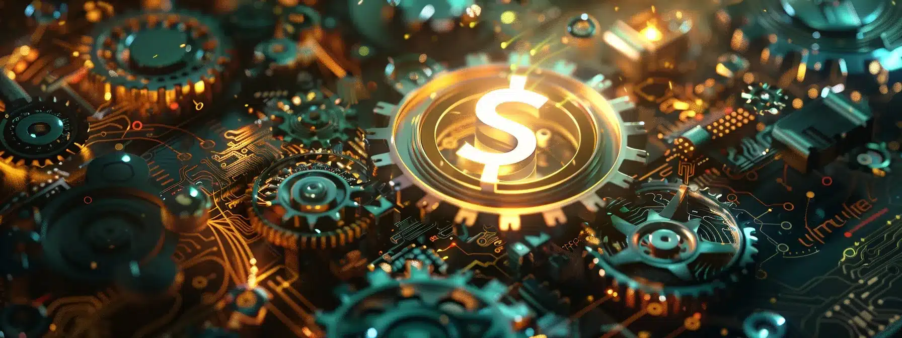 A complex, glowing arrangement of gears and circuit board elements surrounding a prominent dollar sign in the center. The gears represent the intricate processes involved in website maintenance, while the circuitry in the background highlights the digital nature of the work. The overall color scheme features dark metallic tones with vibrant orange and gold highlights, symbolizing both the technical complexity and the financial cost associated with web maintenance.