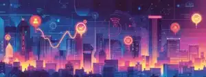 A vibrant, futuristic cityscape illustration symbolizing Google Business Profile SEO. Tall, glowing buildings represent businesses, while floating search icons and magnifying glasses highlight certain structures. Digital graphs and arrows emphasize growth, and location pins float above the city, signifying visibility optimization. The skyline is connected by glowing lines and technological elements, representing the competitive landscape of business visibility online.