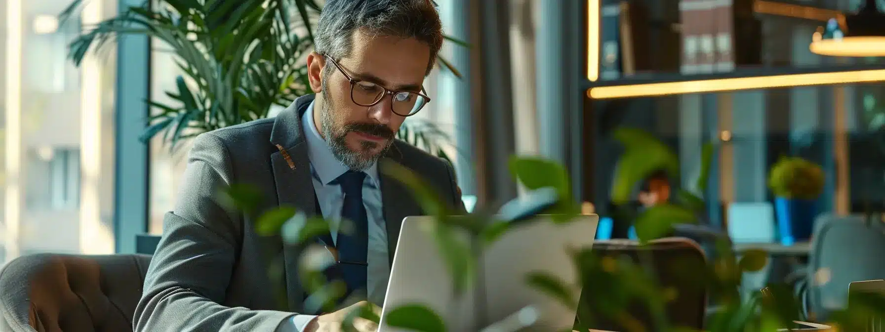 A businessman with glasses and a suit sits in a modern, plant-filled office, focused on working on his laptop. The soft lighting and greenery in the background create a calm, productive atmosphere. The man appears thoughtful as he types, surrounded by a professional yet relaxed environment.