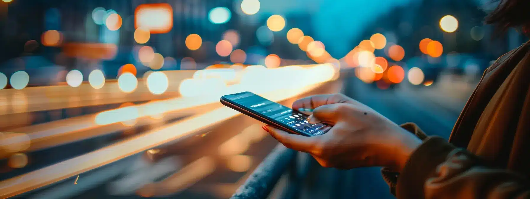 A person holding a smartphone while standing near a busy city street at night. The background is filled with blurred lights from passing cars, creating a dynamic and fast-paced atmosphere. The bright bokeh effect contrasts with the calm focus of the person's hands as they navigate the phone, symbolizing connectivity and digital interaction in an urban environment.