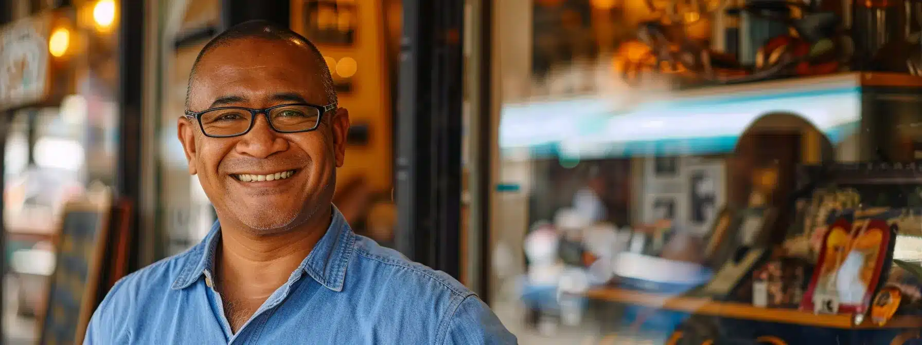 A cheerful small business owner wearing glasses and a denim shirt stands outside his shop, smiling warmly at the camera. The shop window behind him displays various items, and soft lighting creates a welcoming atmosphere. The man exudes confidence and pride in his business, capturing the essence of local entrepreneurship.