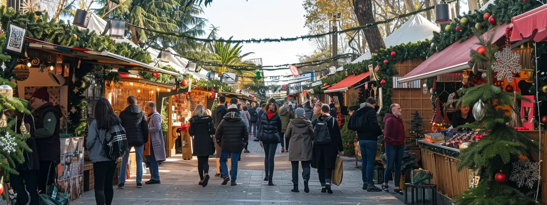 a bustling holiday marketplace adorned with festive decorations and vibrant banners promoting special promotions and engaging contests, with influencers mingling with customers and capturing the attention of passersby.