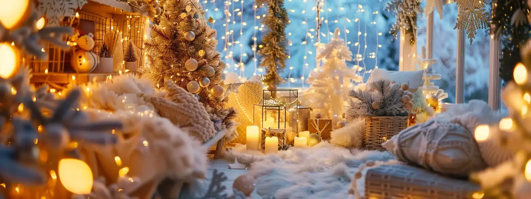 a cozy winter-themed website homepage adorned with festive decorations and seasonal keywords to boost holiday sales.