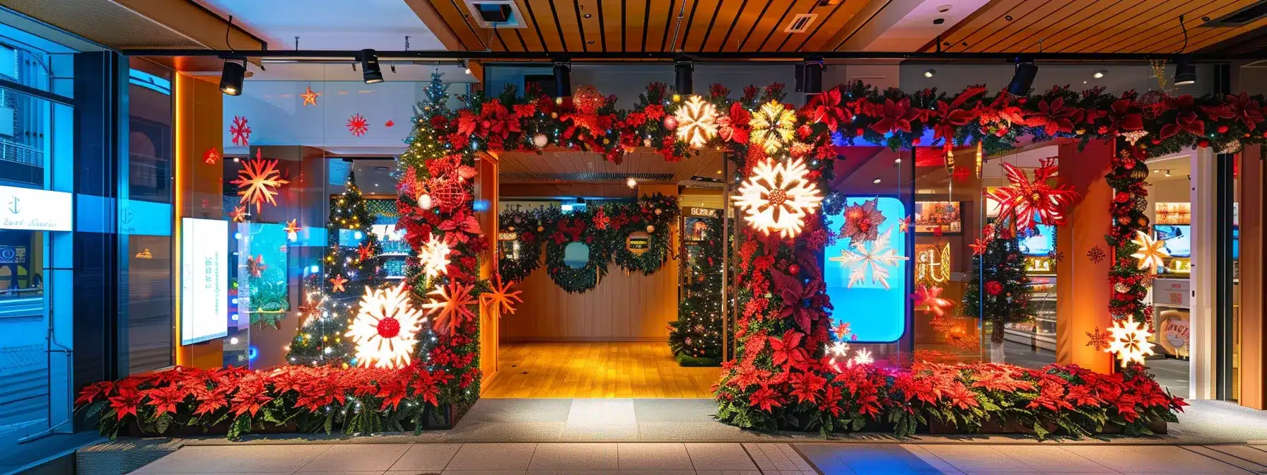 a festive holiday-themed display showcasing engaging graphics and customer testimonials to attract shoppers and boost profits.