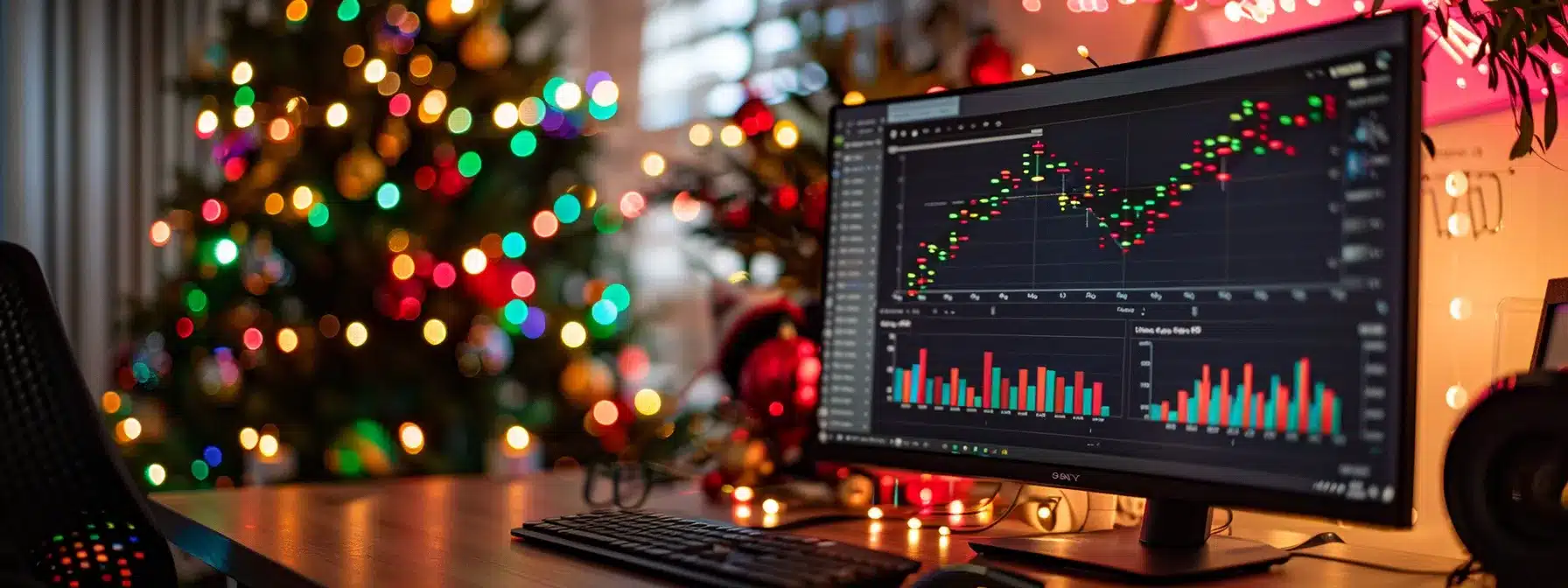 a festive holiday-themed desktop computer screen displaying a detailed seo performance analytics dashboard with colorful graphs and charts.