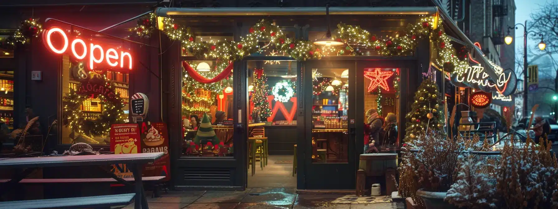 a festive storefront adorned with holiday decorations and a glowing 