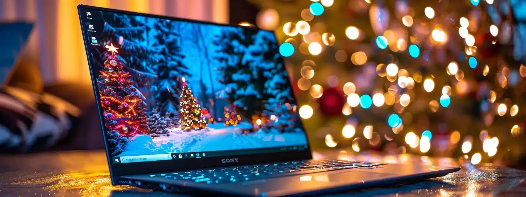 a laptop displaying a festive holiday-themed website with keywords and tags for seo optimization.